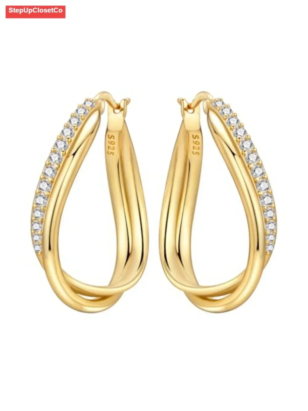 925 Sterling Silver 18K Gold Plated Twisted Hoop Earrings with Cubic Zirconia